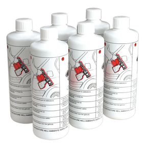 A pack of six Sealey Shot Blasting Sand bottles (SG10/SAND6) with red and white labels featuring a car and multilingual text, designed for COSHH compliance and intended for use with recirculating shot blasters.