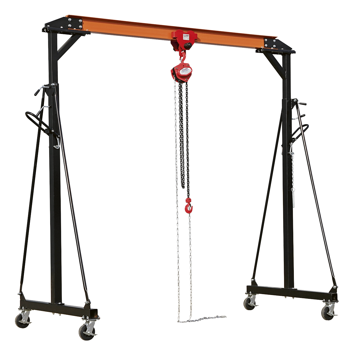 Introducing the Sealey Portable Lifting Gantry Crane Adjustable 1 Tonne & Hoist Combo - SG1000KIT, a height-adjustable gantry crane with a hoist assembly. This versatile equipment features a black and orange frame mounted on caster wheels for effortless mobility and includes chains that hang from the chain block to lift heavy objects up to 1000kg.