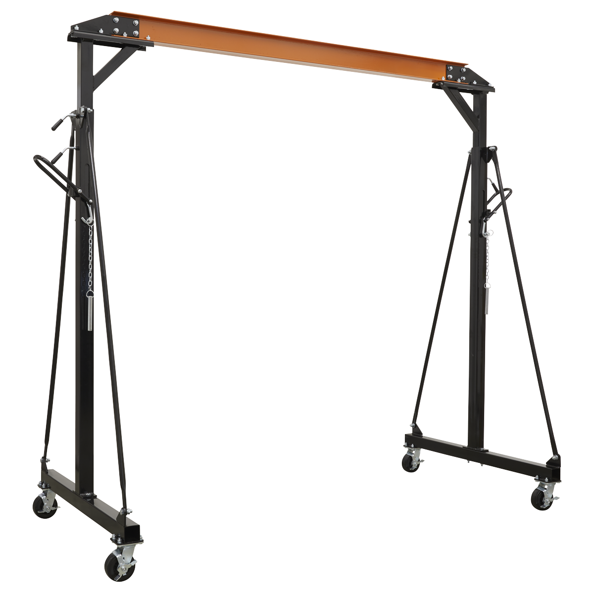 The Sealey Portable Lifting Gantry Crane Adjustable 1 Tonne - SG1000 boasts a black metal frame with a sturdy steel construction, an orange beam, and four caster wheels. It also features height-adjustable settings and stabilizing support arms.