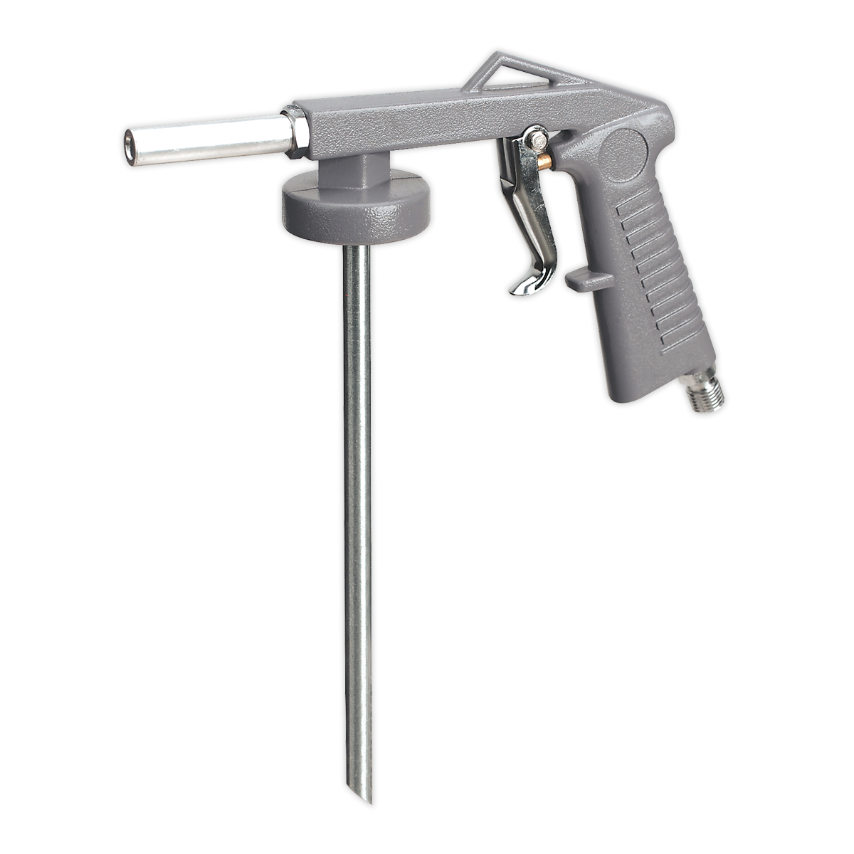 The Sealey Air Operated Underbody Coating Gun - SG139, featuring a silver design with a long nozzle and trigger handle, is optimized for performance at an air pressure of 90psi and attached to a circular base.