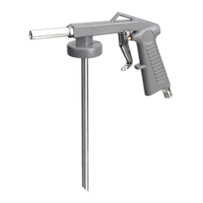 The Sealey Air Operated Underbody Coating Gun - SG139, featuring a silver design with a long nozzle and trigger handle, is optimized for performance at an air pressure of 90psi and attached to a circular base.