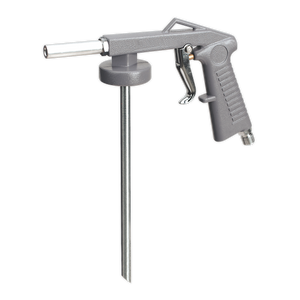 The Sealey Air Operated Underbody Coating Gun - SG139, featuring a silver design with a long nozzle and trigger handle, is optimized for performance at an air pressure of 90psi and attached to a circular base.