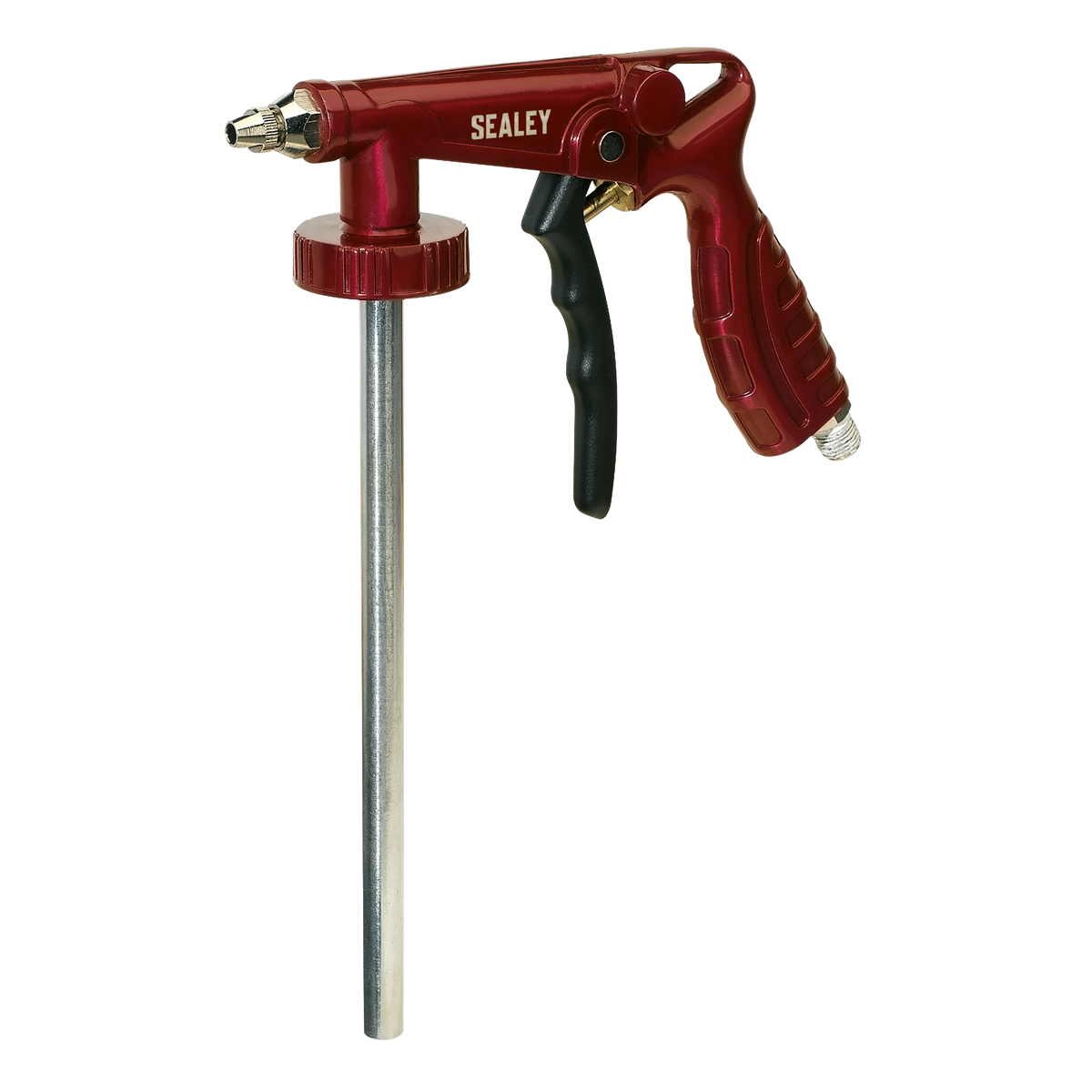 The Sealey Underbody Coating Gun Air Operated - SG14 features a red design, a metal tube, and a black handle grip. It's specifically designed for cleaning or spraying applications and is ideal for wax spraying nozzle jobs or use as an automotive coating gun.