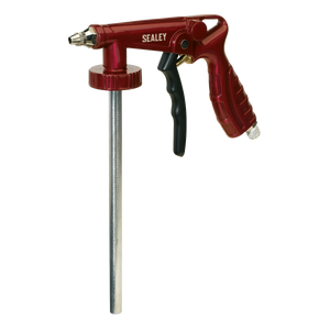 The Sealey Underbody Coating Gun Air Operated - SG14 features a red design, a metal tube, and a black handle grip. It's specifically designed for cleaning or spraying applications and is ideal for wax spraying nozzle jobs or use as an automotive coating gun.