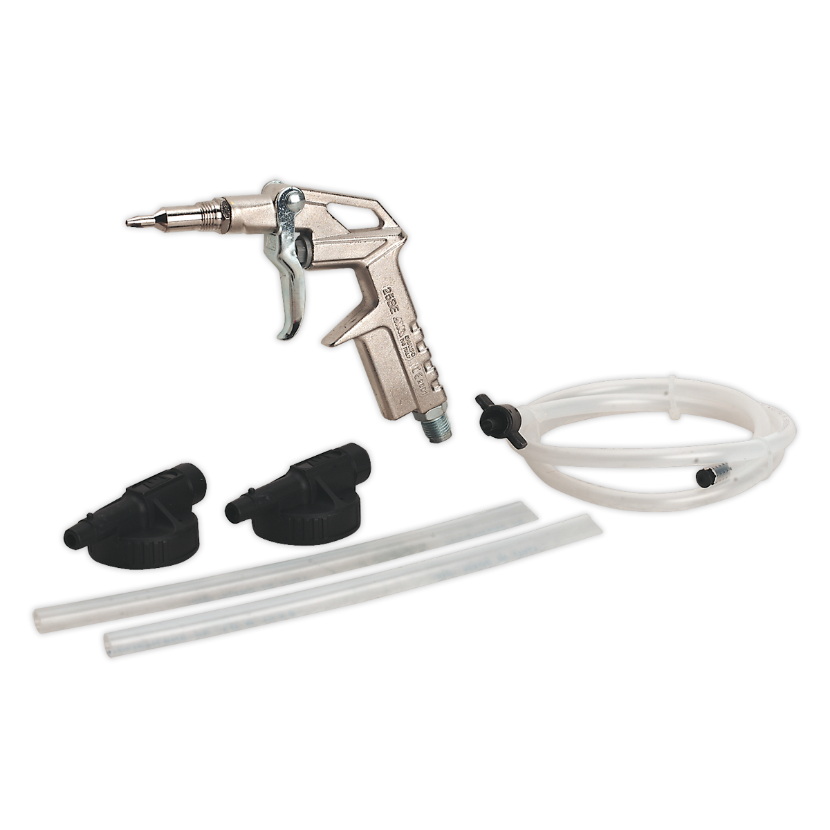 The Sealey Underbody Coating/Wax Injector Kit Disposable Heads - SG14D includes an air gun, two rubber nozzles, a flexible hose, and a white plastic hose with fittings. It also comes with replacement heads for versatile use.