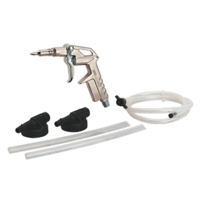 The Sealey Underbody Coating/Wax Injector Kit Disposable Heads - SG14D includes an air gun, two rubber nozzles, a flexible hose, and a white plastic hose with fittings. It also comes with replacement heads for versatile use.