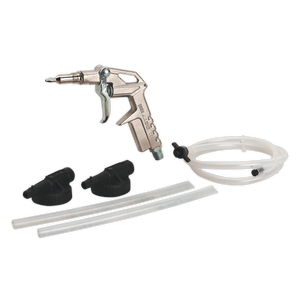 The Sealey Underbody Coating/Wax Injector Kit Disposable Heads - SG14D includes an air gun, two rubber nozzles, a flexible hose, and a white plastic hose with fittings. It also comes with replacement heads for versatile use.