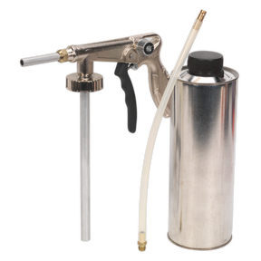 The Sealey Underbody Coating Spray Set Air Operated Deluxe Model - SG16 features a metal spray gun with a black handle, connected to a silver canister and tube. It is typically used for various cleaning, coating, or lubrication applications and incorporates an integrated air control valve to ensure precise spray settings for optimal performance.