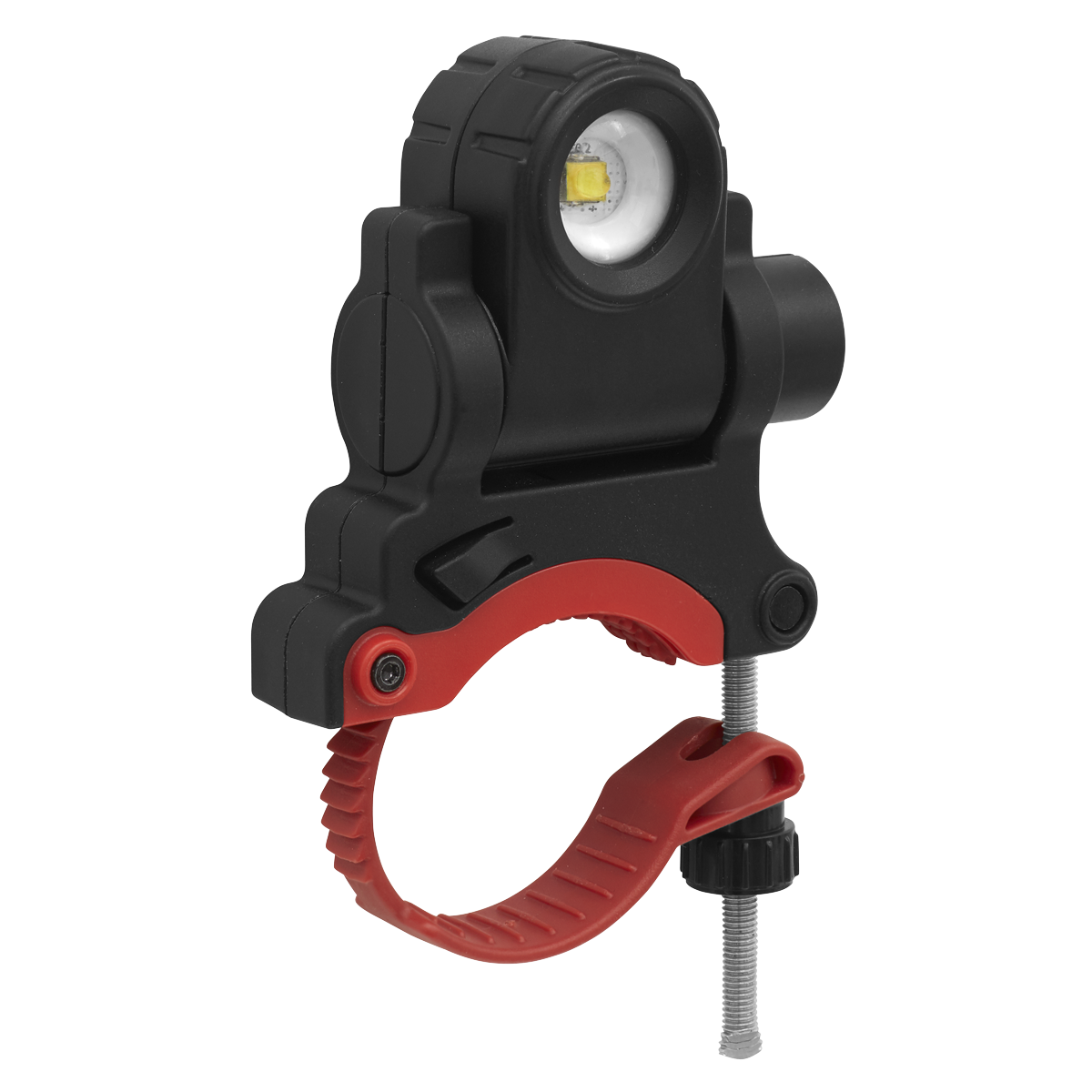 A Sealey Rechargeable Spray Gun Light 5W SMD LED (SGL01) in black and red, featuring a clamp-on design with an adjustable screw mechanism and high colour rendering index.