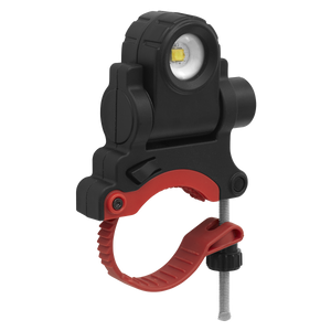 A Sealey Rechargeable Spray Gun Light 5W SMD LED (SGL01) in black and red, featuring a clamp-on design with an adjustable screw mechanism and high colour rendering index.