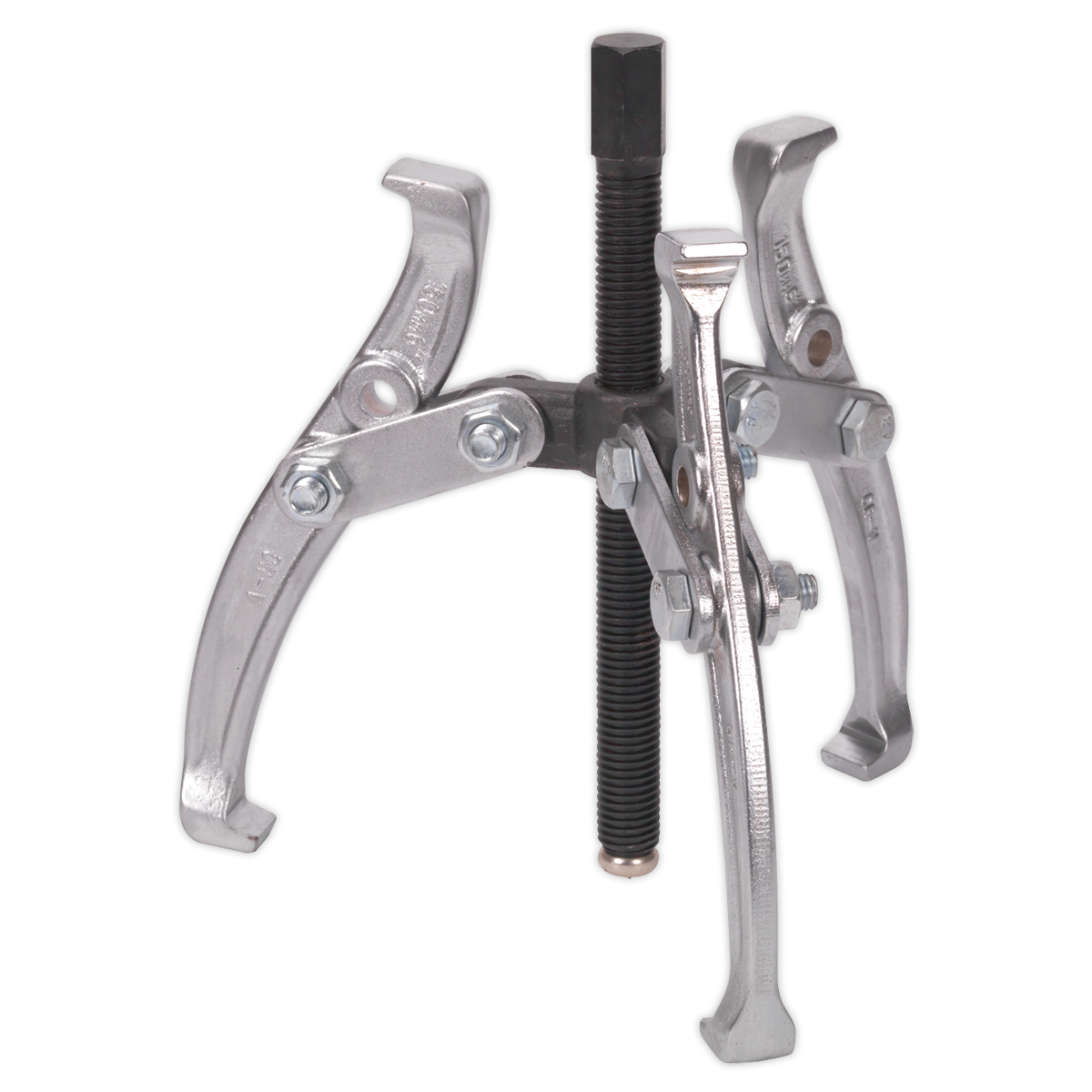 The **Sealey Triple Leg Reversible Puller 150mm - SGP36** is an adjustable metal three-jaw gear puller, featuring a central screw mechanism and constructed from heat-treated Chrome Vanadium steel. It is designed for removing gears and pulleys from shafts.