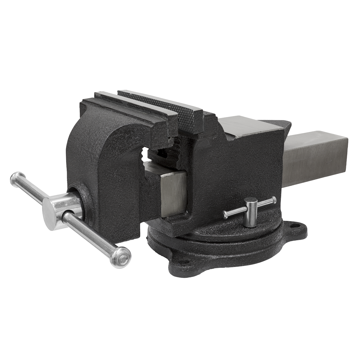 The Sealey Industrial Vice 200mm SG Iron - SGV200 is displayed facing forward, showcasing a black metal vise with a swivel base and silver handle, featuring high carbon steel jaws for extra durability.