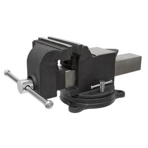 The Sealey Industrial Vice 200mm SG Iron - SGV200 is displayed facing forward, showcasing a black metal vise with a swivel base and silver handle, featuring high carbon steel jaws for extra durability.