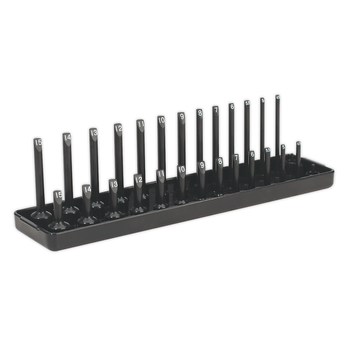 A black tray from Sealey holds a Socket Holder 1/4"Sq Drive 4-15mm - SH1414, arranged in ascending order, ideal for professional use.