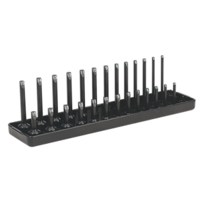 A black tray from Sealey holds a Socket Holder 1/4"Sq Drive 4-15mm - SH1414, arranged in ascending order, ideal for professional use.