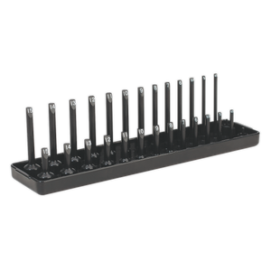 A black tray from Sealey holds a Socket Holder 1/4"Sq Drive 4-15mm - SH1414, arranged in ascending order, ideal for professional use.