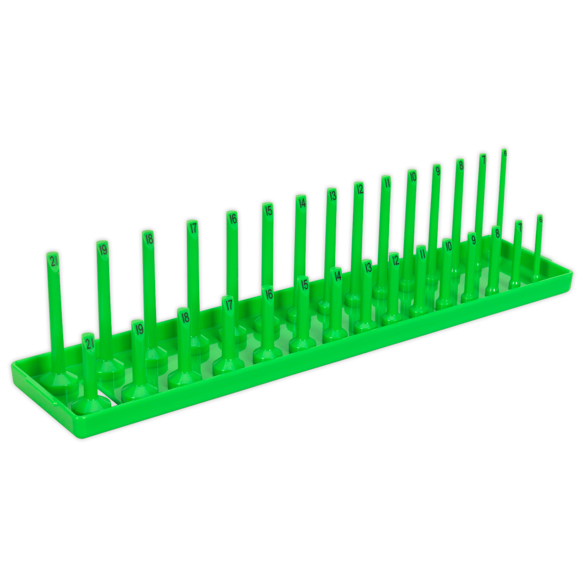 The Sealey Socket Holder 3/8"Sq Drive 6-21mm Hi-Vis Green - SH3815HV features labeled slots for various socket sizes, arranged in ascending order—ideal for keeping your workstation tidy and perfect for professional use.