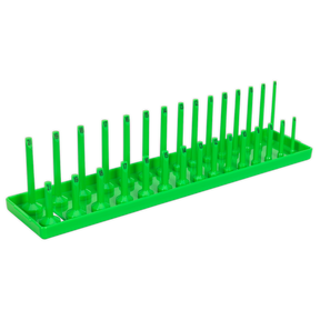 The Sealey Socket Holder 3/8"Sq Drive 6-21mm Hi-Vis Green - SH3815HV features labeled slots for various socket sizes, arranged in ascending order—ideal for keeping your workstation tidy and perfect for professional use.