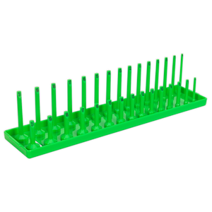 The Sealey Socket Holder 3/8"Sq Drive 6-21mm Hi-Vis Green - SH3815HV features labeled slots for various socket sizes, arranged in ascending order—ideal for keeping your workstation tidy and perfect for professional use.