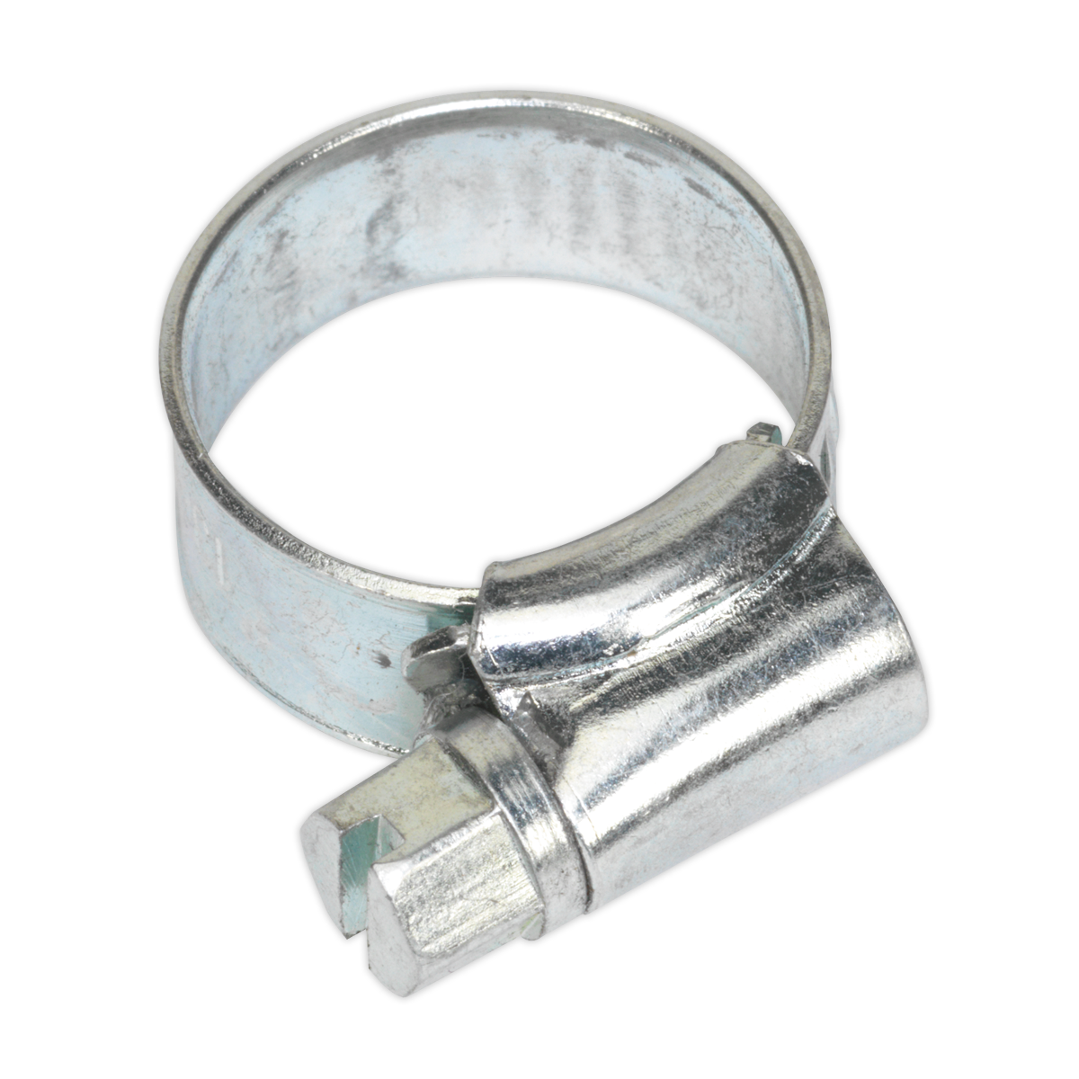 The Sealey Hose Clip Zinc Plated Ø13-19mm Pack of 30 (SHC00) features a zinc-plated, metallic construction and a worm drive mechanism, designed for securing hoses and compliant with DIN 3017 standards.