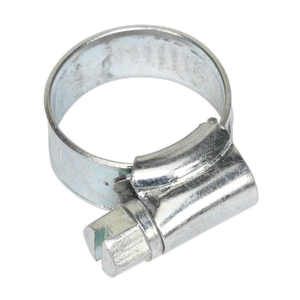 The Sealey Hose Clip Zinc Plated Ø13-19mm Pack of 30 (SHC00) features a zinc-plated, metallic construction and a worm drive mechanism, designed for securing hoses and compliant with DIN 3017 standards.