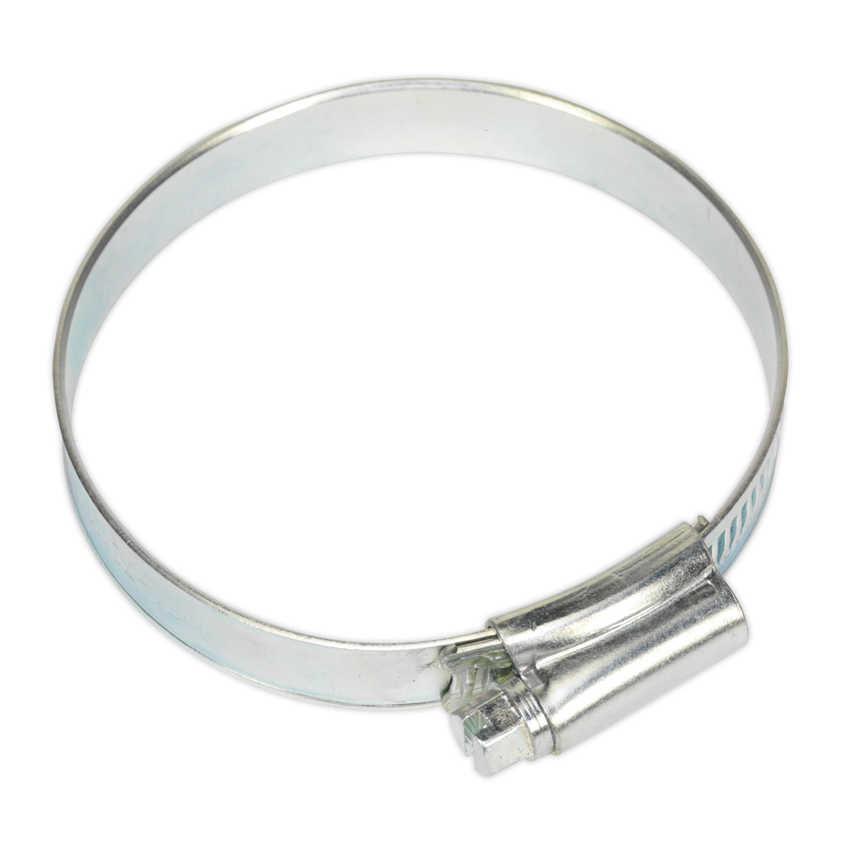 A Sealey Hose Clip Zinc Plated Ø51-70mm (Pack of 10 - SHC3), featuring a screw-tightening mechanism, lies on a white background.