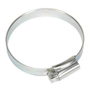 A Sealey Hose Clip Zinc Plated Ø51-70mm (Pack of 10 - SHC3), featuring a screw-tightening mechanism, lies on a white background.