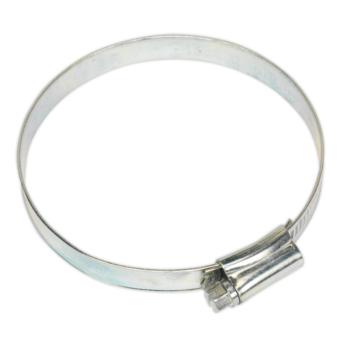 The Sealey Hose Clip Zinc Plated Ø70-89mm Pack of 10 - SHC4 is a zinc-plated, circular metal hose clamp that features a worm drive mechanism and complies with DIN 3017 standards for easy tightening.