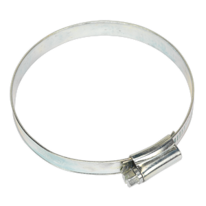 The Sealey Hose Clip Zinc Plated Ø70-89mm Pack of 10 - SHC4 is a zinc-plated, circular metal hose clamp that features a worm drive mechanism and complies with DIN 3017 standards for easy tightening.