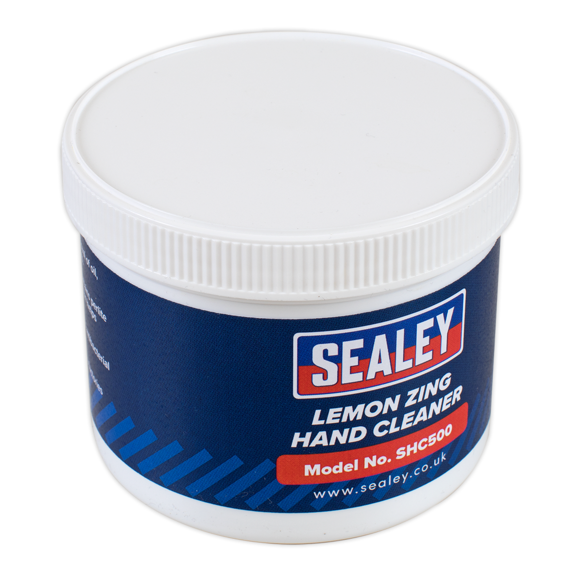 The Sealey Hand Cleaner 500ml Lemon Zing - SHC500, enriched with natural citrus extracts and solvent-free, comes in a blue and white container with a white lid.