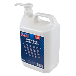 A 5-liter container of Sealey Hand Cleaner 5L Lemon Zing - SHC5L, equipped with a pump dispenser. The label indicates it is designed to remove oil, grime, and other contaminants from hands, featuring natural citrus extracts for an effective clean.