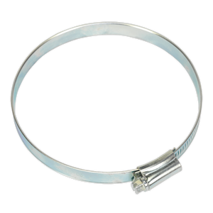 The Sealey Hose Clip Zinc Plated Ø90-110mm Pack of 10 (SHC5) features a screw mechanism for securing hoses to fittings.