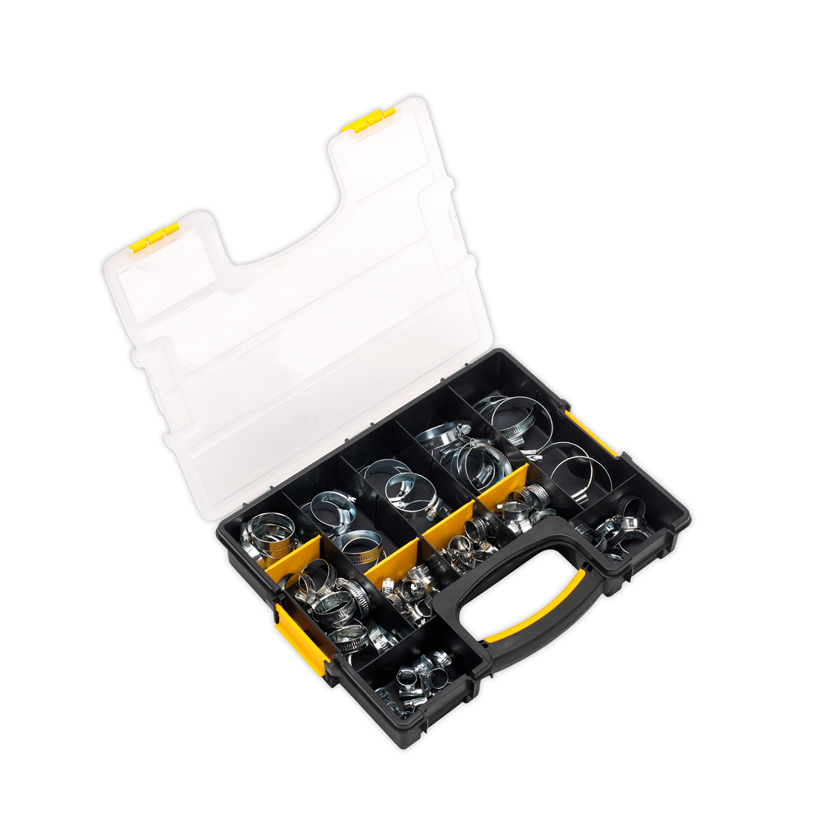 The Sealey Hose Clip Assortment 85pc Ø8-57mm - SHC85AC is a black and yellow plastic organizer box with multiple compartments, filled with an assortment of zinc-plated hose clips and featuring an open lid.