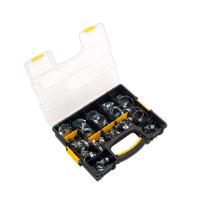 The Sealey Hose Clip Assortment 85pc Ø8-57mm - SHC85AC is a black and yellow plastic organizer box with multiple compartments, filled with an assortment of zinc-plated hose clips and featuring an open lid.