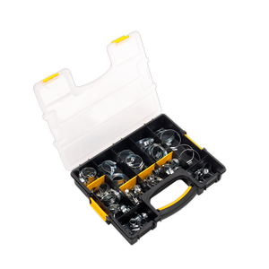 The Sealey Hose Clip Assortment 85pc Ø8-57mm - SHC85AC is a black and yellow plastic organizer box with multiple compartments, filled with an assortment of zinc-plated hose clips and featuring an open lid.