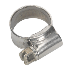 The Sealey Hose Clip Stainless Steel Ø10-16mm, Pack of 10 (SHCSS000), is a DIN 3017 compliant stainless steel clip featuring a screw mechanism for precise tightening.