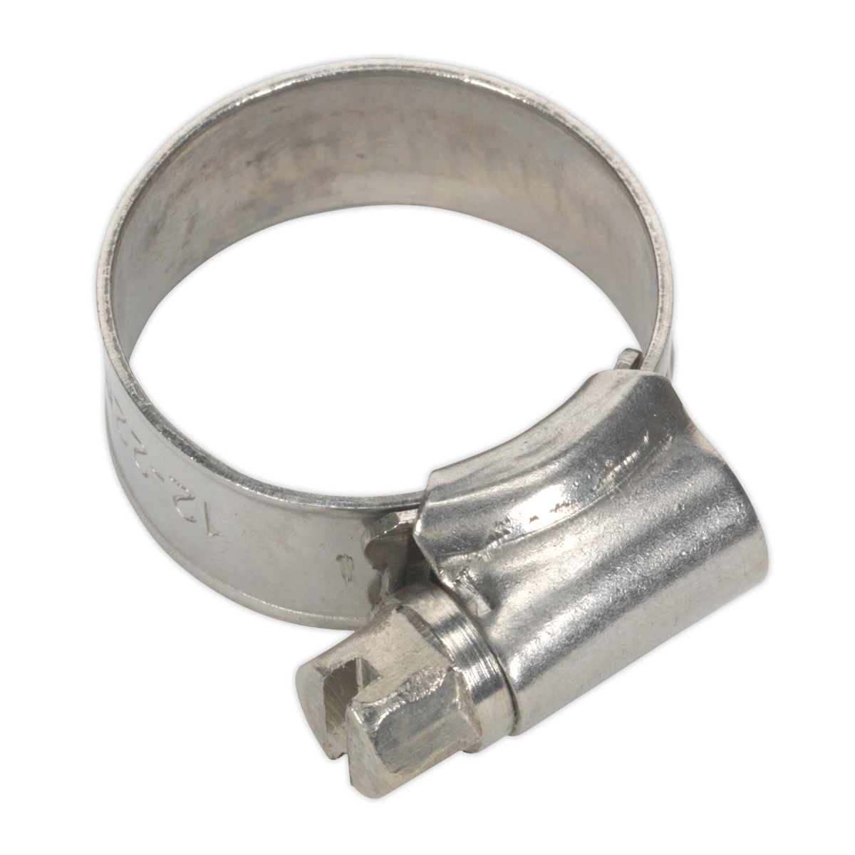 The Sealey Hose Clip Stainless Steel Ø16-22mm (Pack of 10 - SHCSS00) is a DIN 3017 silver clamp featuring a screw mechanism for tightening and is constructed from durable stainless steel.