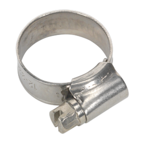 The Sealey Hose Clip Stainless Steel Ø16-22mm (Pack of 10 - SHCSS00) is a DIN 3017 silver clamp featuring a screw mechanism for tightening and is constructed from durable stainless steel.