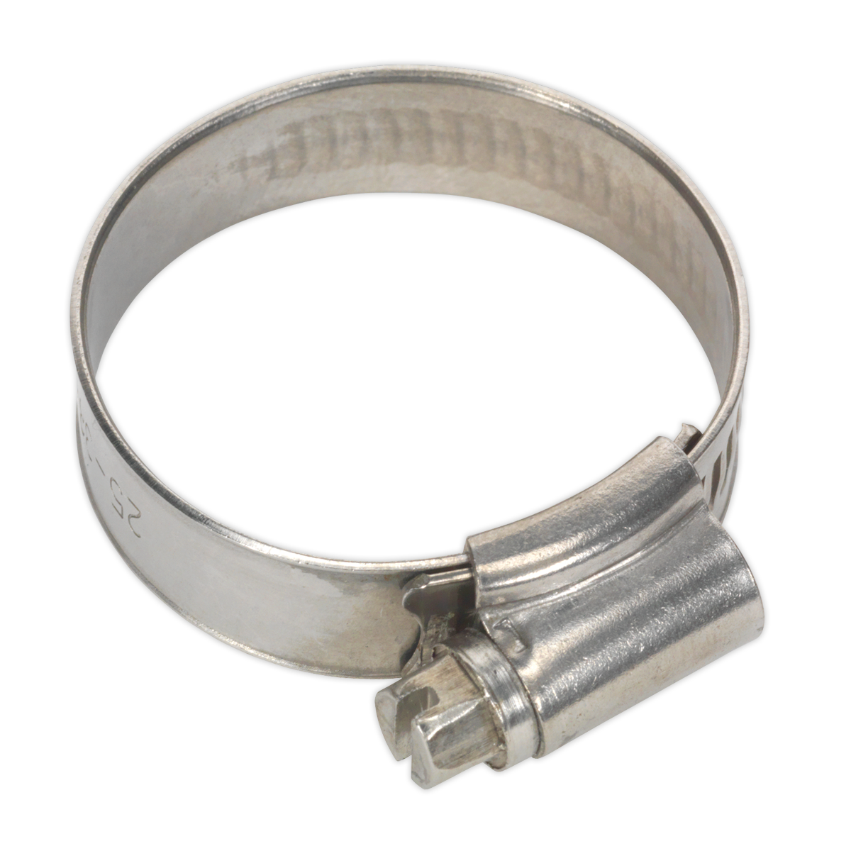 The Sealey Hose Clip Stainless Steel Ø25-38mm (Pack of 10 - SHCSS1A) features a screw mechanism for tightening and complies with DIN 3017 standards.