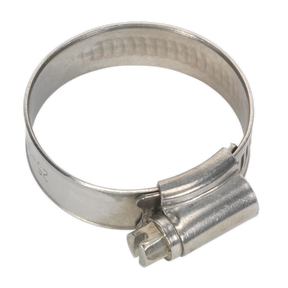 The Sealey Hose Clip Stainless Steel Ø25-38mm (Pack of 10 - SHCSS1A) features a screw mechanism for tightening and complies with DIN 3017 standards.