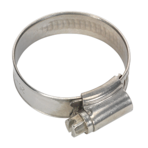 The Sealey Hose Clip Stainless Steel Ø25-38mm (Pack of 10 - SHCSS1A) features a screw mechanism for tightening and complies with DIN 3017 standards.