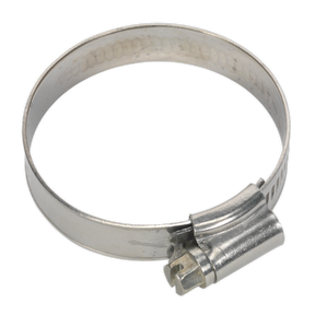 This stainless steel hose clip from Sealey, named Hose Clip Stainless Steel Ø35-51mm Pack of 10 - SHCSS1X, is compliant with DIN 3017 standards and crafted from SS301A Grade material, featuring a screw mechanism for tightening.