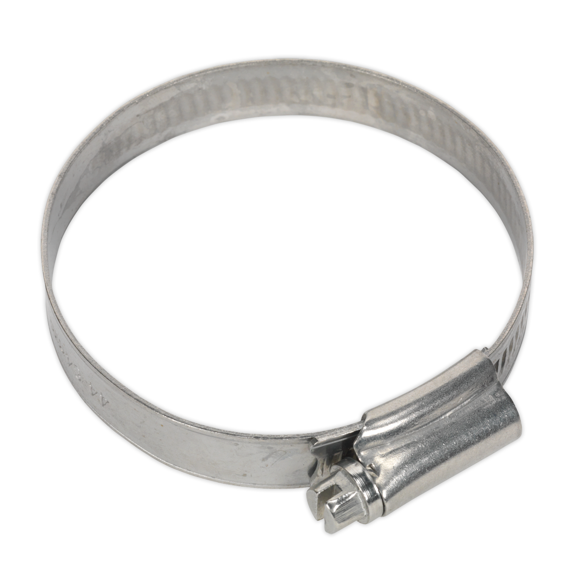 The Hose Clip Stainless Steel Ø44-64mm Pack of 10 - SHCSS2A from Sealey features a screw mechanism that tightens the stainless steel clamp around a hose. Made from SS301A Grade material, this product conforms to DIN 3017 standards.