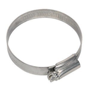 The Hose Clip Stainless Steel Ø44-64mm Pack of 10 - SHCSS2A from Sealey features a screw mechanism that tightens the stainless steel clamp around a hose. Made from SS301A Grade material, this product conforms to DIN 3017 standards.