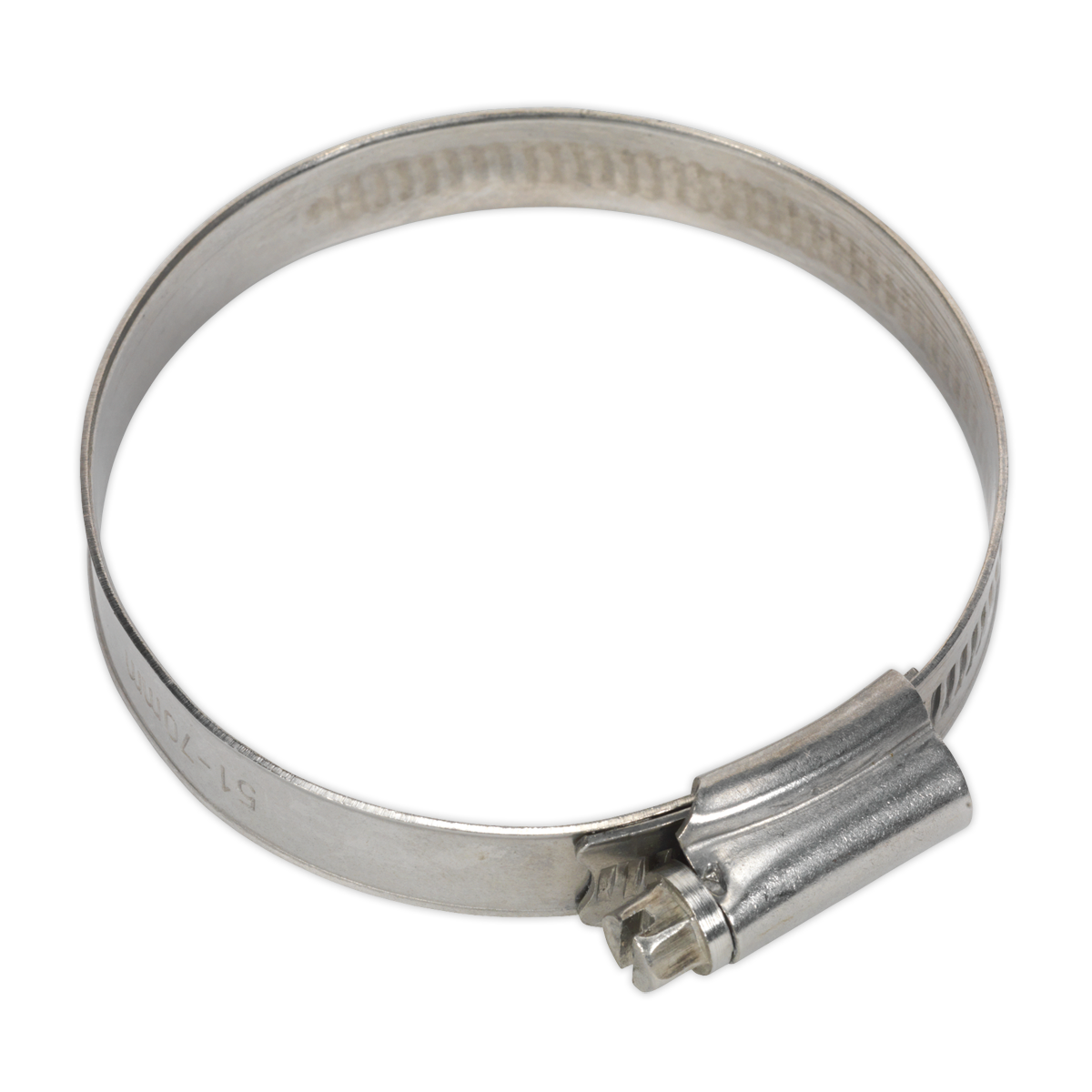 A Sealey Hose Clip Stainless Steel Ø51-70mm, part number SHCSS2, packaged in a pack of 10 and featuring a screw mechanism for tightening, is shown against a white background.