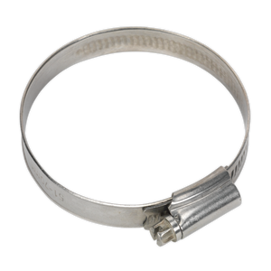 A Sealey Hose Clip Stainless Steel Ø51-70mm, part number SHCSS2, packaged in a pack of 10 and featuring a screw mechanism for tightening, is shown against a white background.