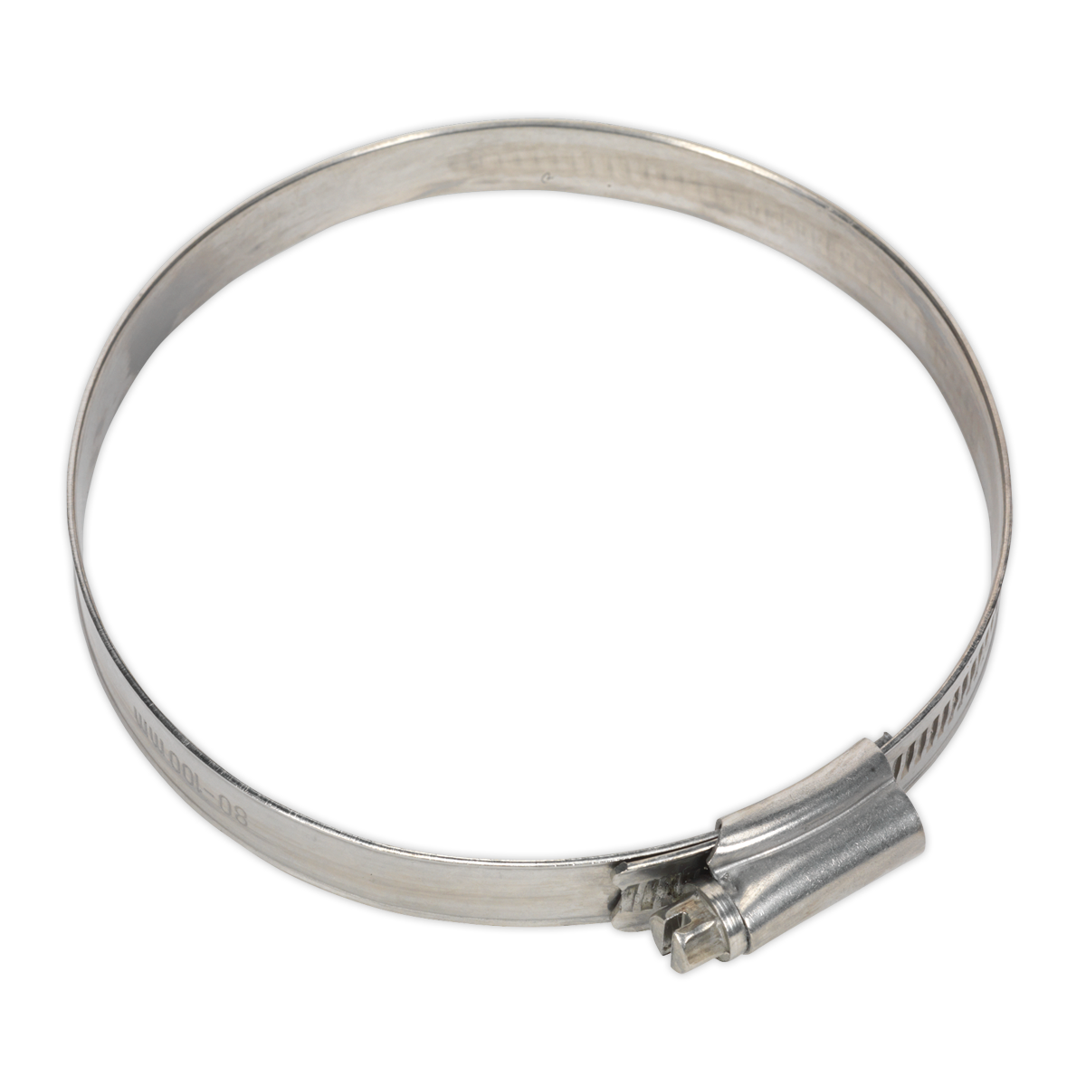 The Sealey Hose Clip Stainless Steel Ø80-100mm Pack of 5 - SHCSS4 is an adjustable screw mechanism clip that complies with DIN 3017 standards, designed to secure hoses onto fittings.