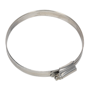 The Sealey Hose Clip Stainless Steel Ø80-100mm Pack of 5 - SHCSS4 is an adjustable screw mechanism clip that complies with DIN 3017 standards, designed to secure hoses onto fittings.