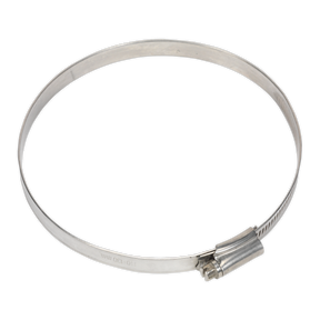 A Sealey Hose Clip Stainless Steel Ø110-130mm Pack of 5 - SHCSS5, compliant with DIN 3017 standards, featuring a screw-adjustment mechanism.