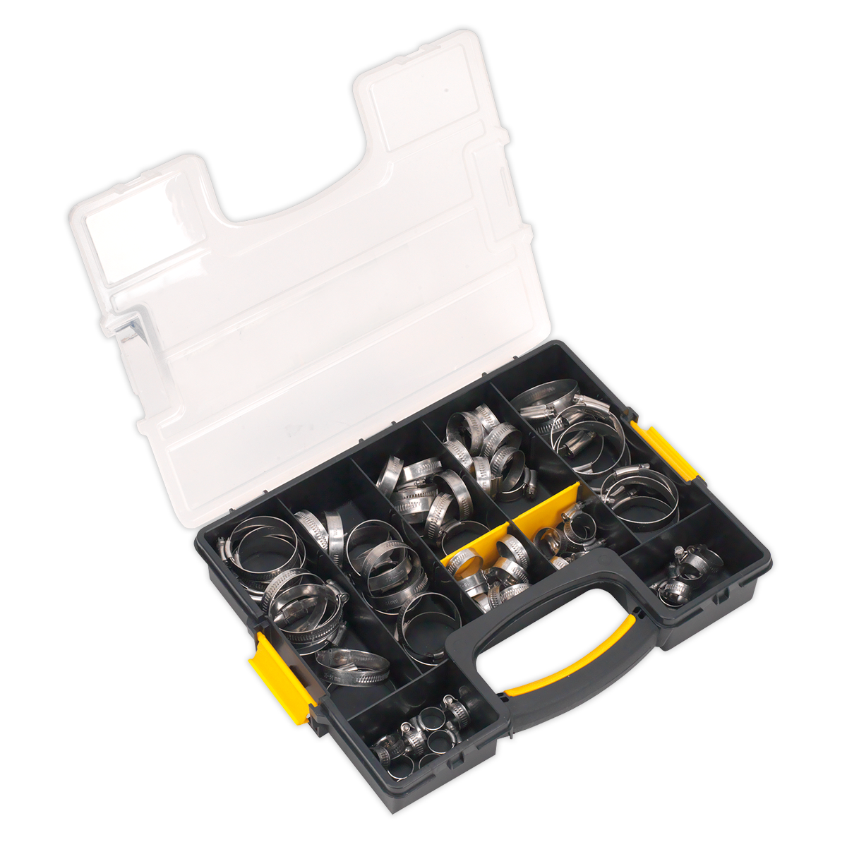 The Sealey Hose Clip Assortment 90pc Stainless Steel Ø10-57mm - SHCSS90AC is a plastic compartment box with a clear lid containing various sizes of stainless steel hose clips. Built to DIN 3017 standards, the box features a black base with yellow clasps and a carrying handle.